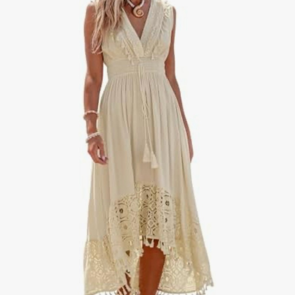 NWT Cupshe Boho Lace Trim Asymmetrical High-Low Sundress V-Neck - Picture 1 of 12